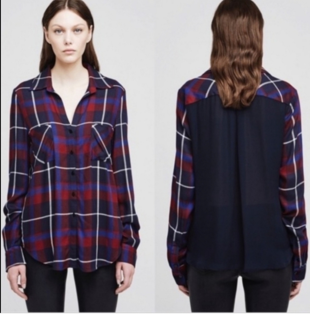 L'AGENCE Denise Silk Contrast Plaid Flannel Shirt Size XS